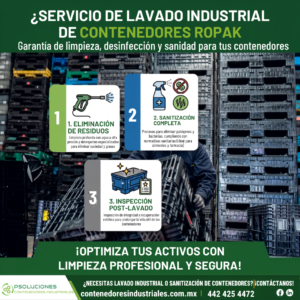 Contenedor Ropak plegado para optimización de espacio en retorno de transporte vacío.