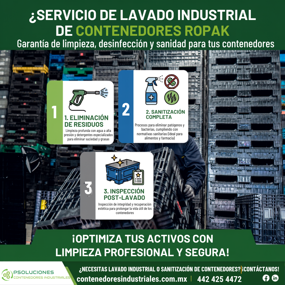 Contenedor Ropak plegado para optimización de espacio en retorno de transporte vacío.